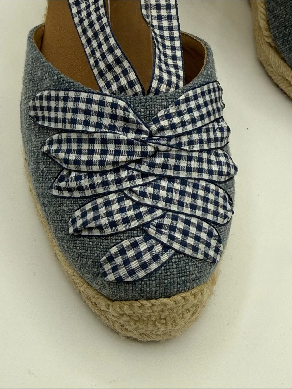 Paseart Denim Espadrille Wedge Sandals Blue Gingham Lace-Up Ankle Tie Platform